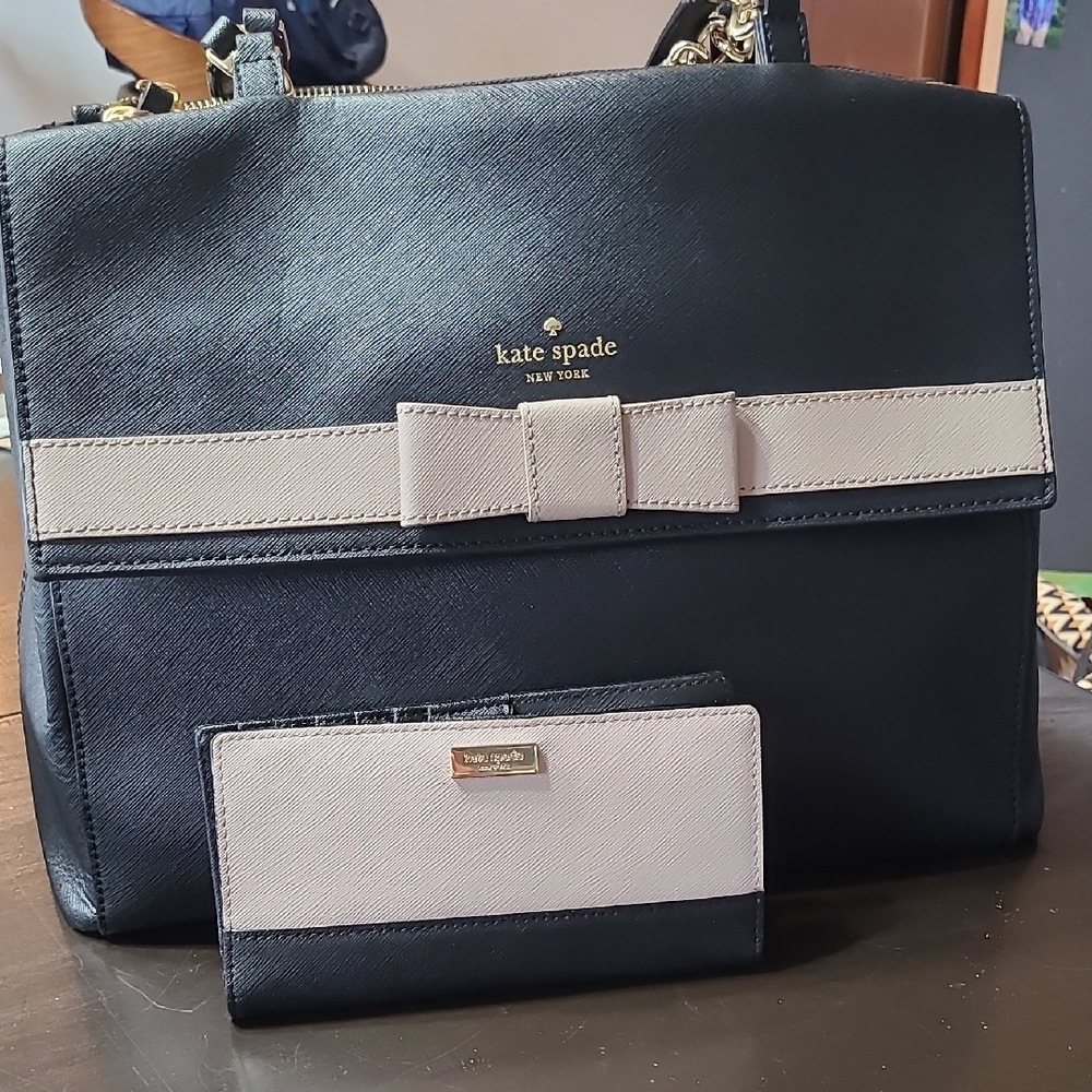Kate Spade Kirk Park Saffiano Leather Black and Pink Cream Bow Bag and Wallet